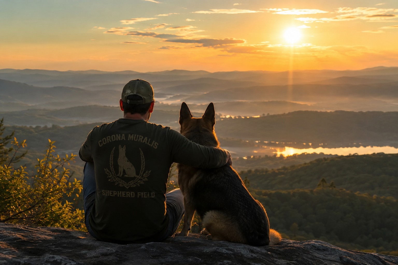 Handler and working dog overlooking a valley at sunset