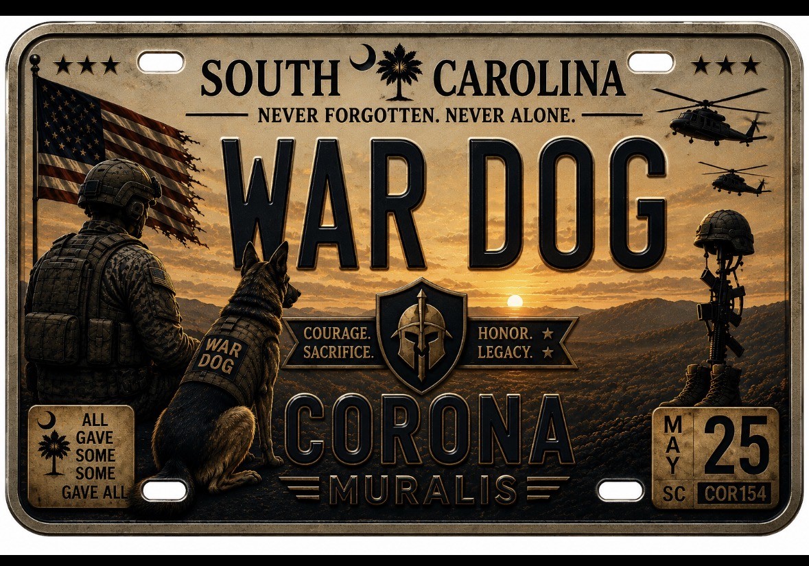 Memorial plate art: South Carolina, War Dog, Corona Muralis — Never Forgotten. Never Alone.